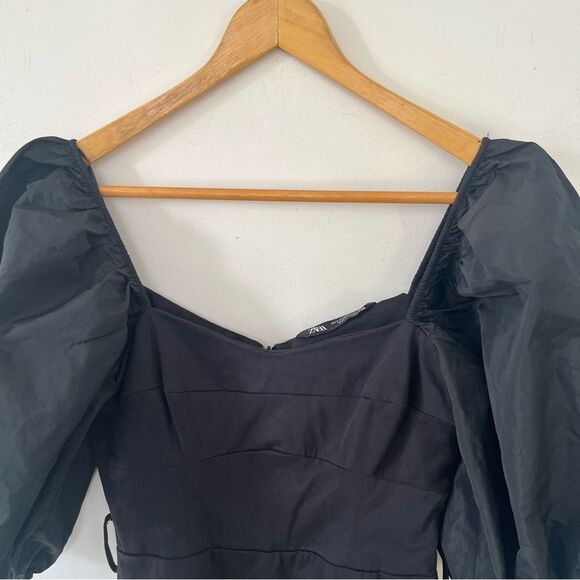 Zara Black Puff Sleeve Fitted Sweetheart Neckline Mini Dress - Picture 8 of 15